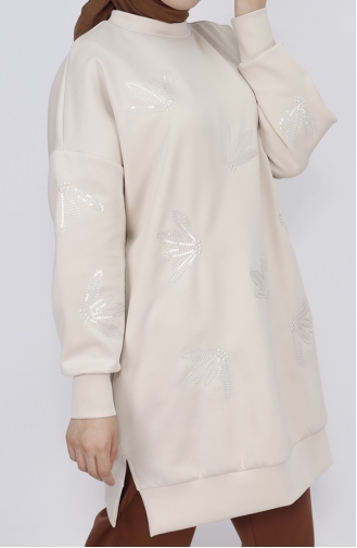 Puane Scuba Kumaş Pul Ve Nakış Detaylı Sweatshirt 10345-03 Taş