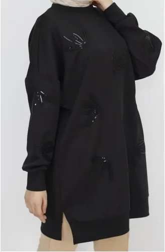 Noktae Sweat-Shirt Détaillé En Tissu Scuba Avec Paillettes Et Broderies 10345-04 Noir 10345-04