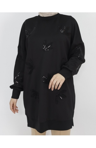 Noktae Sweat-Shirt Détaillé En Tissu Scuba Avec Paillettes Et Broderies 10345-04 Noir 10345-04