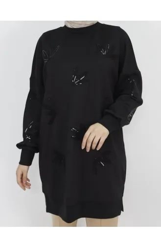 Noktae Sweat-Shirt Détaillé En Tissu Scuba Avec Paillettes Et Broderies 10345-04 Noir 10345-04