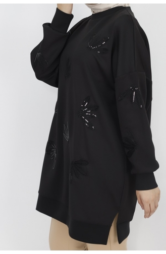 Noktae Sweat-Shirt Détaillé En Tissu Scuba Avec Paillettes Et Broderies 10345-04 Noir 10345-04