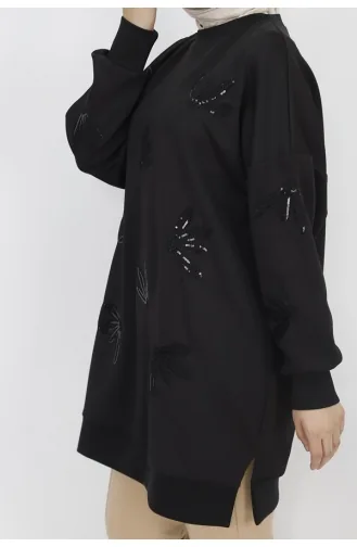 Noktae Sweat-Shirt Détaillé En Tissu Scuba Avec Paillettes Et Broderies 10345-04 Noir 10345-04