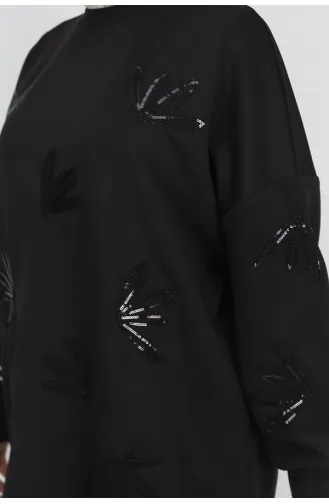 Noktae Sweat-Shirt Détaillé En Tissu Scuba Avec Paillettes Et Broderies 10345-04 Noir 10345-04