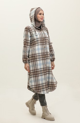 Plaid Pattern Hooded Cape NZR001B-01 Mink Ecru 001B-01