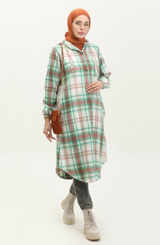 Plaid Pattern Hooded Cape 0294-03 Green Ecru 0294-03