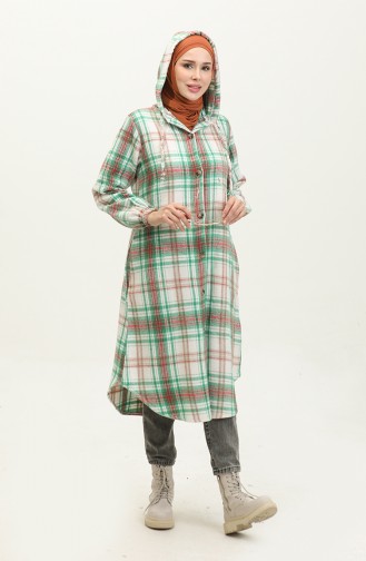 Plaid Pattern Hooded Cape 0294-03 Green Ecru 0294-03