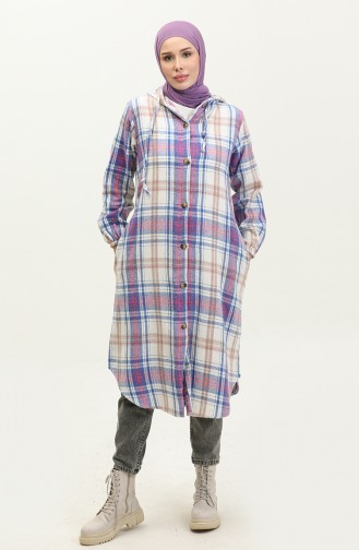 Plaid Pattern Hooded Cape NZR001B-04 Saxe Ecru 001B-04