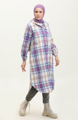 Plaid Pattern Hooded Cape NZR001B-04 Saxe Ecru 001B-04