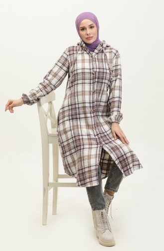 Plaid Pattern Hooded Cape 0294-05 Purple Ecru 0294-05