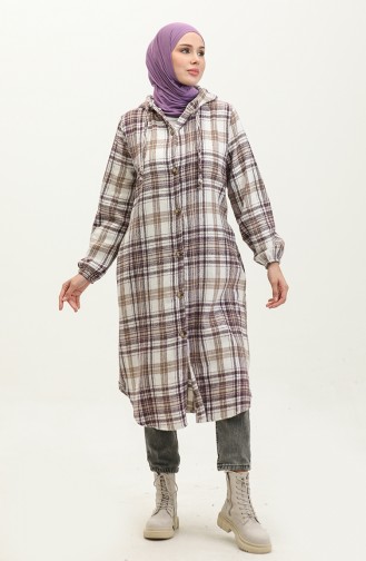 Plaid Pattern Hooded Cape 0294-05 Purple Ecru 0294-05