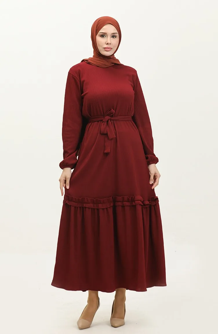Robe A Ceinture Et Cordon 0261-06 Rouge Claret Foncé 0261-06