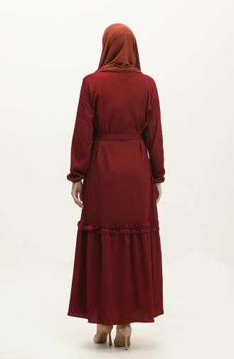 Fitilli Kuşaklı Elbise 0261-06 Koyu Bordo