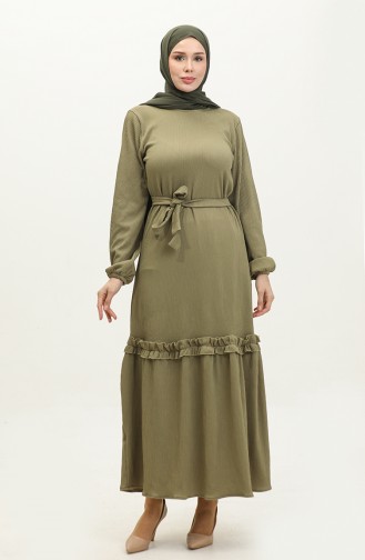 فستان بتصميم حزام للخصر 0261-09 لون أخضر كاكي 0261-09