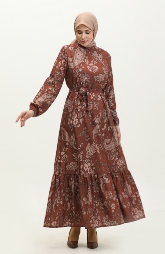 Robe A Motifs Feuilles Et Ceinturée 0297-01 Marron 0297-01