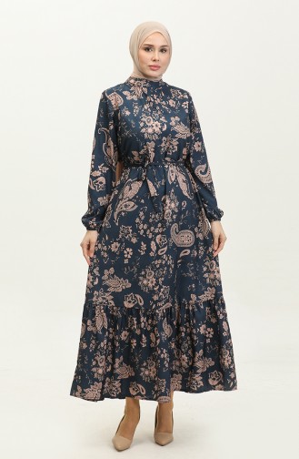 Leaf Patterned Belted Dress 0297-02 Navy Blue 0297-02