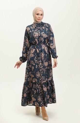 Leaf Patterned Belted Dress 0297-02 Navy Blue 0297-02