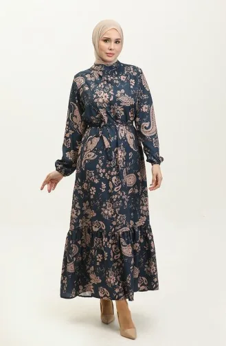 Robe A Motifs Feuilles Et Ceinturée 0297-02 Bleu Marine 0297-02