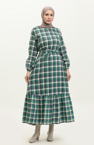 Tweed Plaid Patterned Dress 0292-02 Green İndigo 0292-02