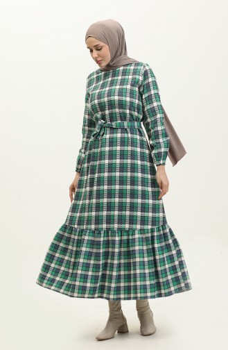 Tweed Plaid Patterned Dress 0292-02 Green İndigo 0292-02