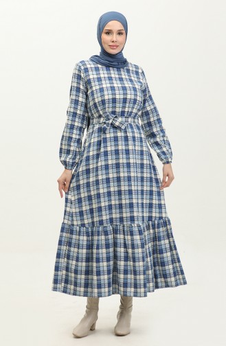 Tweed Plaid Patterned Dress 0292-05 Cream İndigo 0292-05