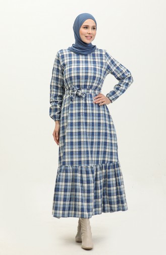 Tweed Plaid Patterned Dress 0292-05 Cream İndigo 0292-05