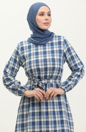 Tweed Plaid Patterned Dress 0292-05 Cream İndigo 0292-05