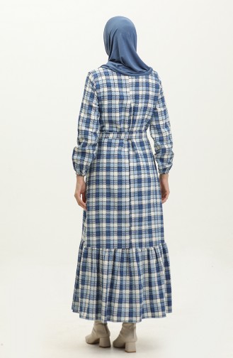 Tweed Plaid Patterned Dress 0292-05 Cream İndigo 0292-05