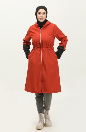 Shirred Waist Hooded Raincoat 0295-02 Brick Red 0295-02