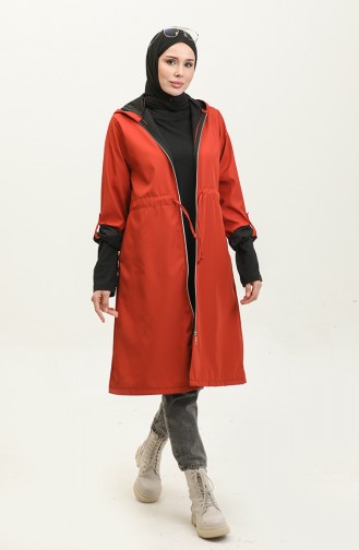 Shirred Waist Hooded Raincoat 0295-02 Brick Red 0295-02