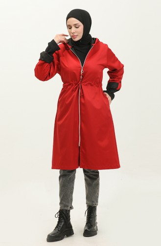 Shirred Waist Hooded Raincoat 0295-03 Claret Red 0295-03