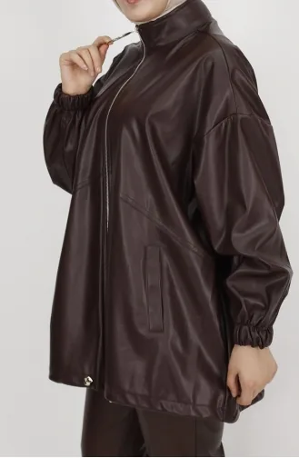 Faux Leather Zippered Pocket Jacket 15120-01 Brown 15120-01
