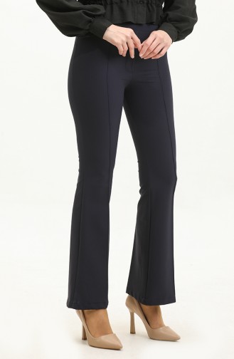 Pantalon Taille Haute Evasé Taille Elastique Femme 35001-02 Bleu Marine 35001-02