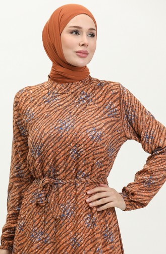 Robe Viscose à Motifs Et Ceinturée 0300-01 Marron 0300-01