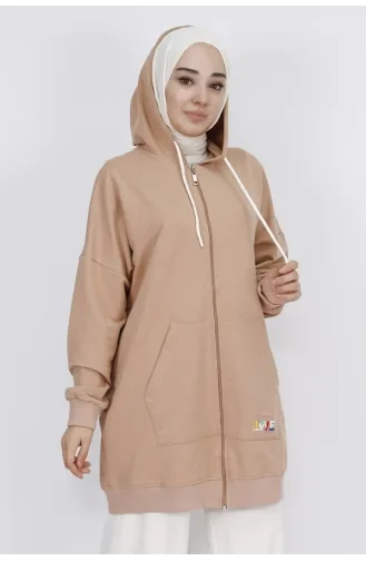 2 İp Kumaş Cepli Ve Kapüşonlu Oversize Sweatshirt 71129-01 Bej