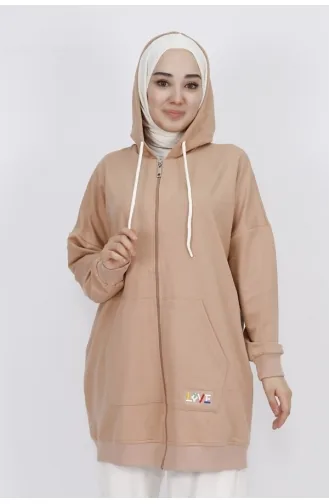 2 İp Kumaş Cepli Ve Kapüşonlu Oversize Sweatshirt 71129-01 Bej