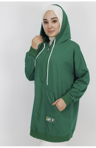 2 İp Kumaş Cepli Ve Kapüşonlu Oversize Sweatshirt 71129-02 Yeşil