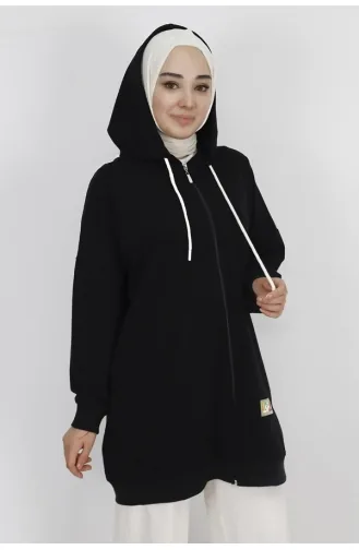 سويت شيرت كبير الحجم مزود بجيبين من القماش وقلنسوة 71129-03 أسود 71129-03