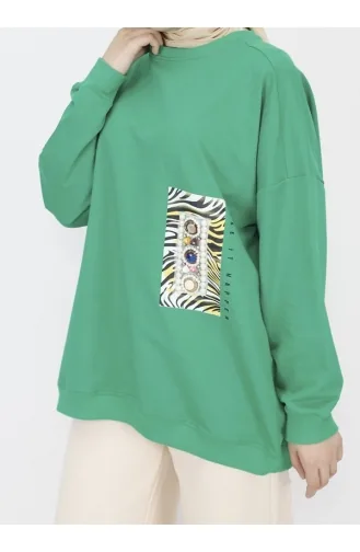 2 İp Kumaş İnci Ve Baskı Detaylı Oversize Sweatshirt 23001-01 Yeşil