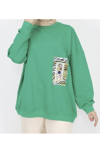 2 İp Kumaş İnci Ve Baskı Detaylı Oversize Sweatshirt 23001-01 Yeşil