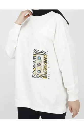 2 İp Kumaş İnci Ve Baskı Detaylı Oversize Sweatshirt 23001-02 Ekru