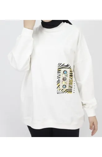2 İp Kumaş İnci Ve Baskı Detaylı Oversize Sweatshirt 23001-02 Ekru