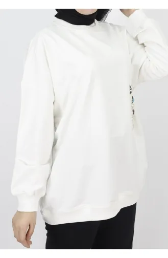 2 İp Kumaş İnci Ve Baskı Detaylı Oversize Sweatshirt 23001-02 Ekru