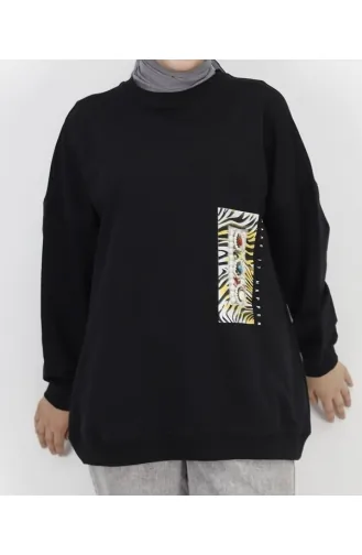 2 İp Kumaş İnci Ve Baskı Detaylı Oversize Sweatshirt 23001-03 Siyah
