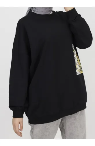 2 İp Kumaş İnci Ve Baskı Detaylı Oversize Sweatshirt 23001-03 Siyah