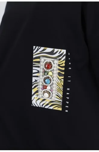 2 İp Kumaş İnci Ve Baskı Detaylı Oversize Sweatshirt 23001-03 Siyah