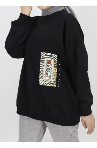 2 İp Kumaş İnci Ve Baskı Detaylı Oversize Sweatshirt 23001-03 Siyah