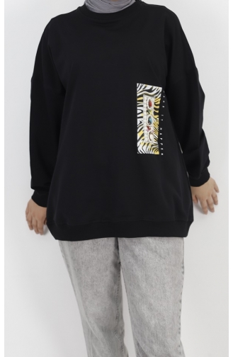 Oversize-Sweatshirt Aus 2-fädigem Stoff Mit Perlen Und Aufdruck 23001-03 Schwarz 23001-03