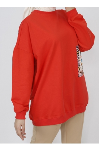 2 İp Kumaş İnci Ve Baskı Detaylı Oversize Sweatshirt 23001-04 Oranj