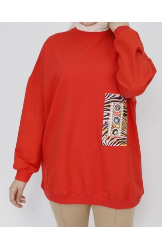 2 İp Kumaş İnci Ve Baskı Detaylı Oversize Sweatshirt 23001-04 Oranj