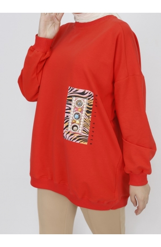 2 İp Kumaş İnci Ve Baskı Detaylı Oversize Sweatshirt 23001-04 Oranj